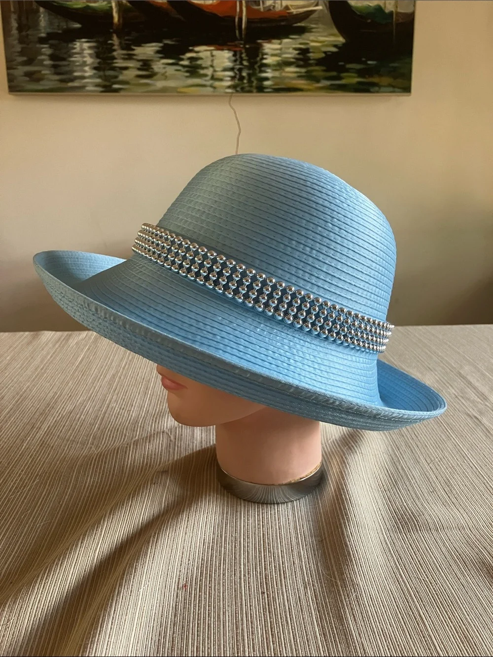 Chic Light Blue Satin Ribbon Hat with Silver Beaded Band